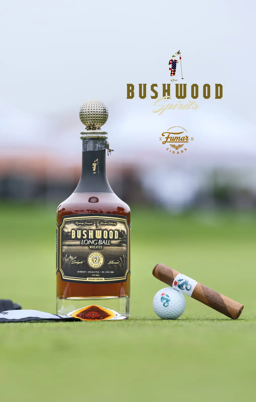 Bushwood whiskey bottle product photography on the course at Monterey Peninsula Country Club
