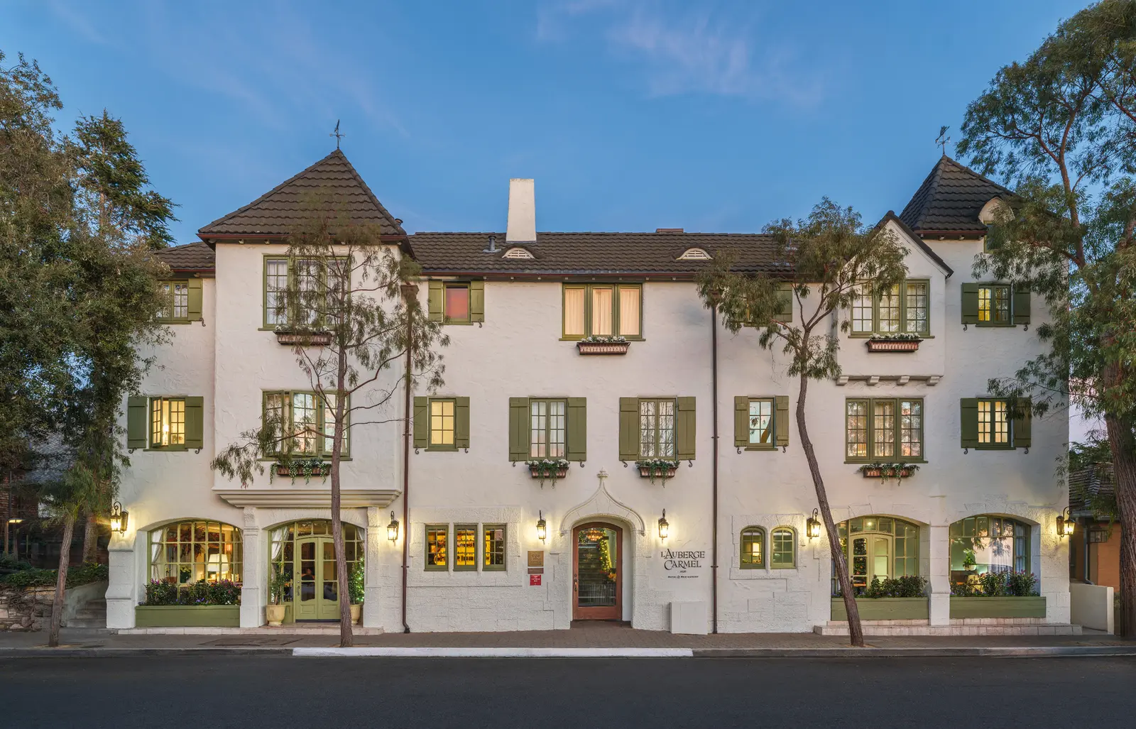 Grand estate exterior at twilight on the Monterey Peninsula