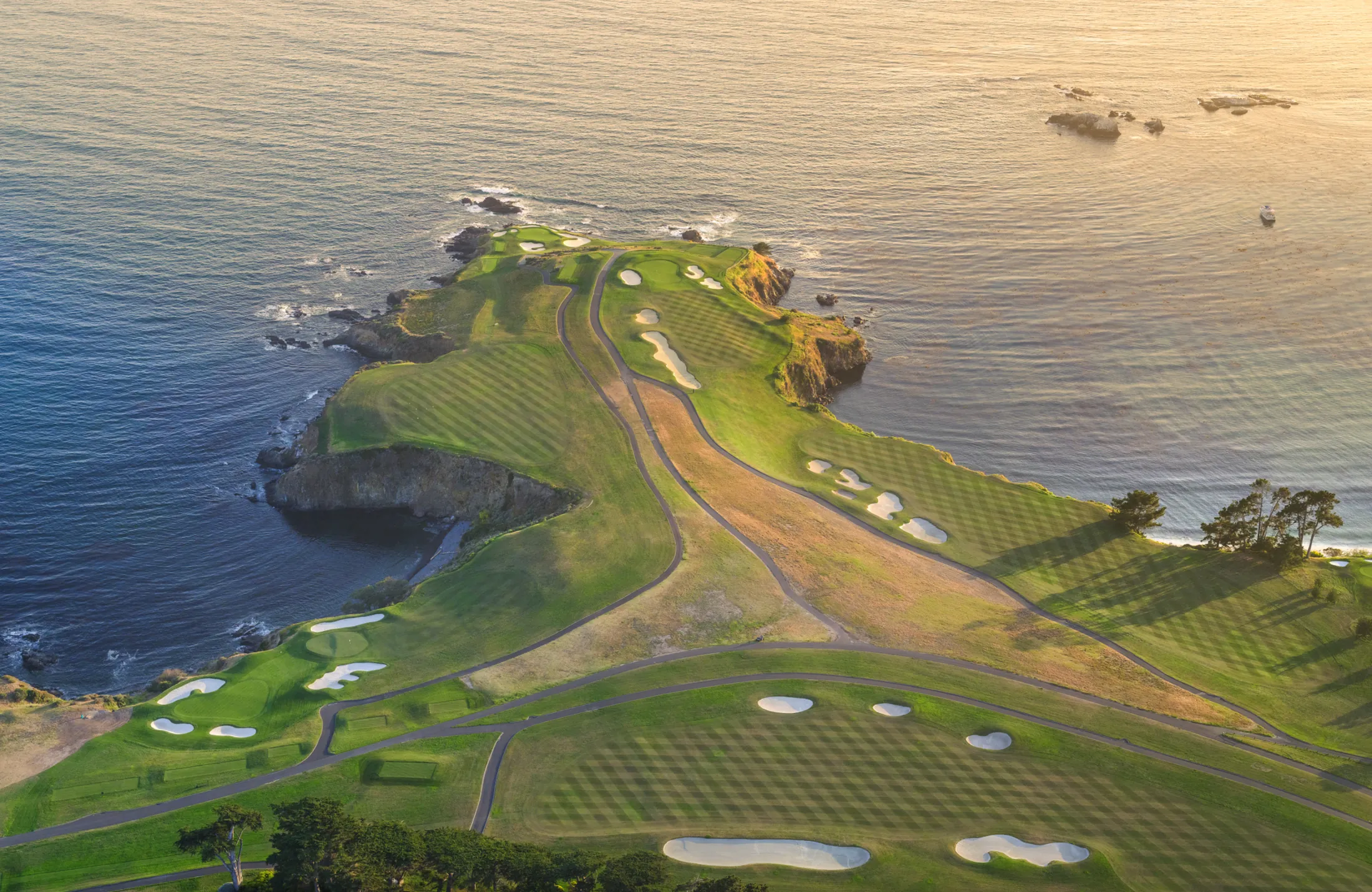 Aerial photograph of hole 7 at Pebble Beach Golf Links, shot on Fujifilm GFX medium format
