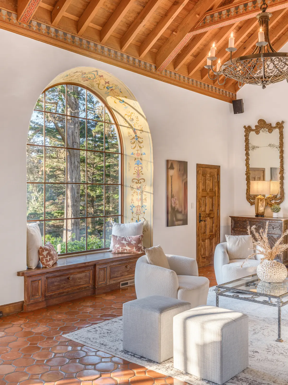 Interior with grand arched window in a Highway 1 residence, Big Sur — architectural photography