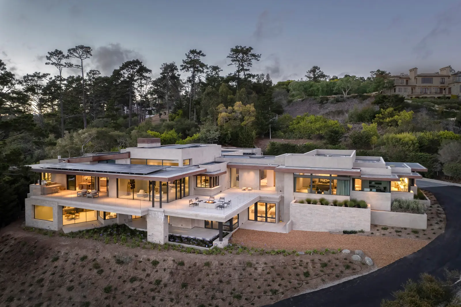 Aerial drone photograph of The Edge, a Sterling Huddleson–designed residence in Pebble Beach